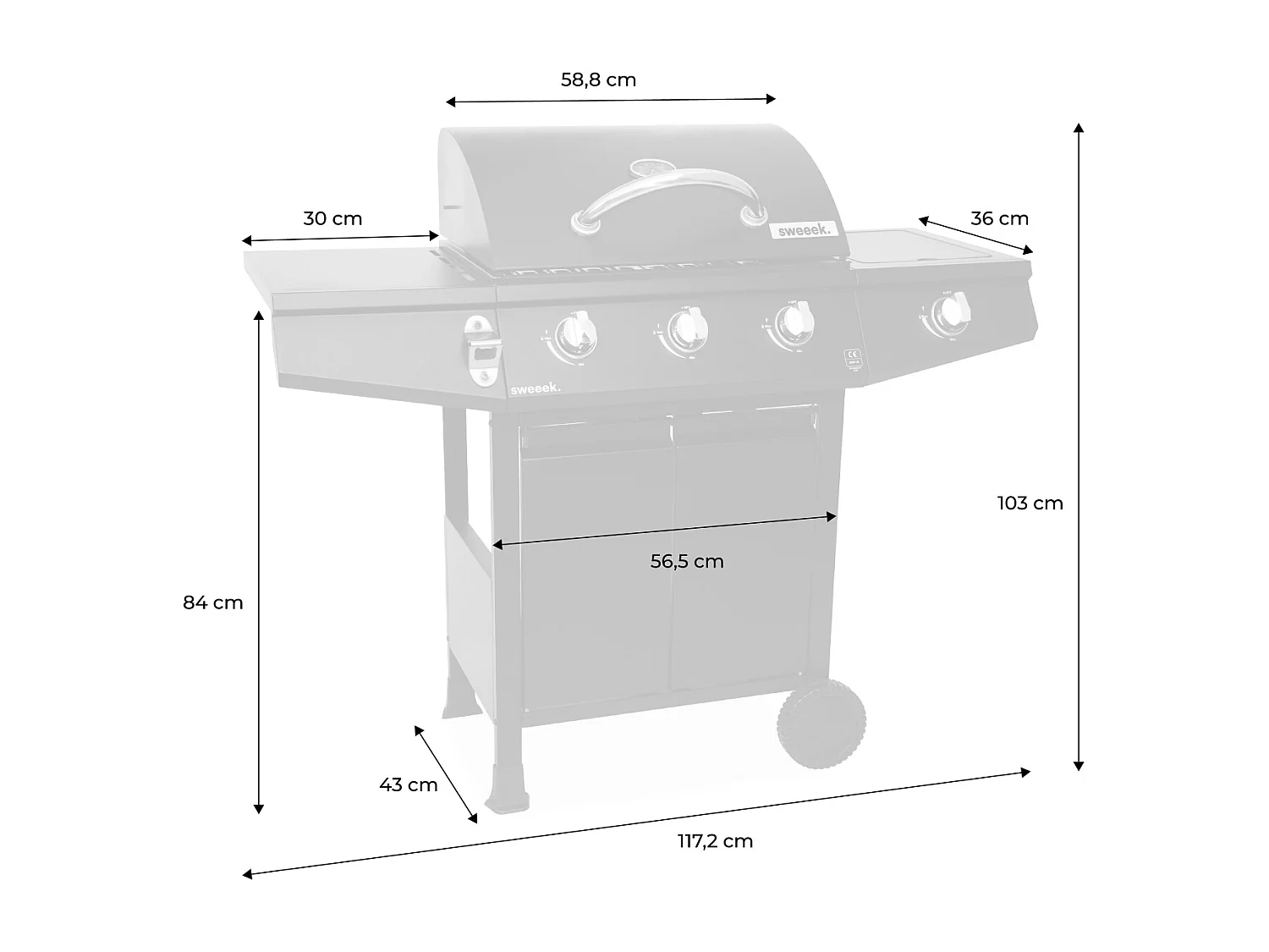 Barbacoa de gas con 3 quemadores y 1 quemador lateral negro
