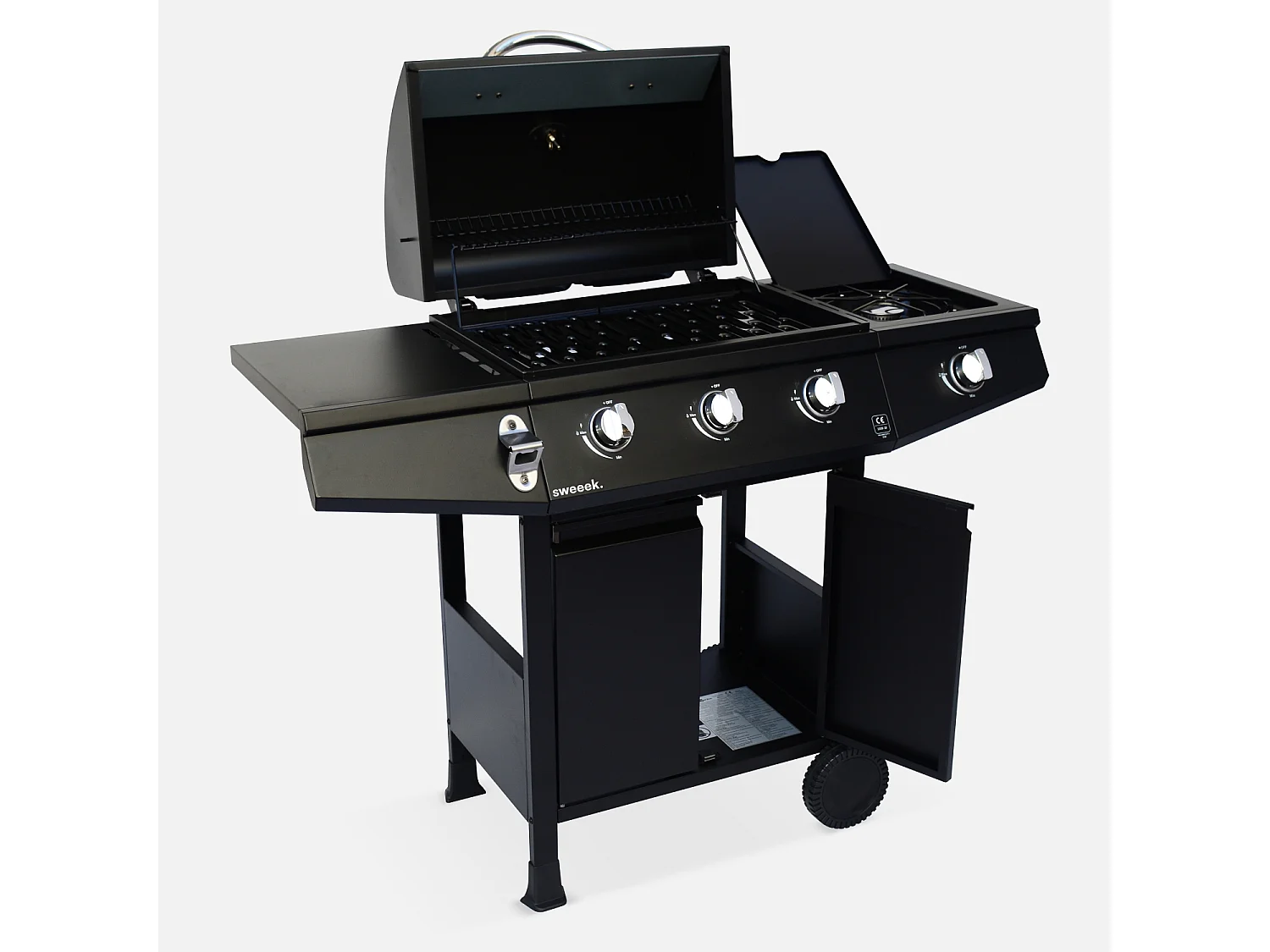 Barbacoa de gas con 3 quemadores y 1 quemador lateral negro