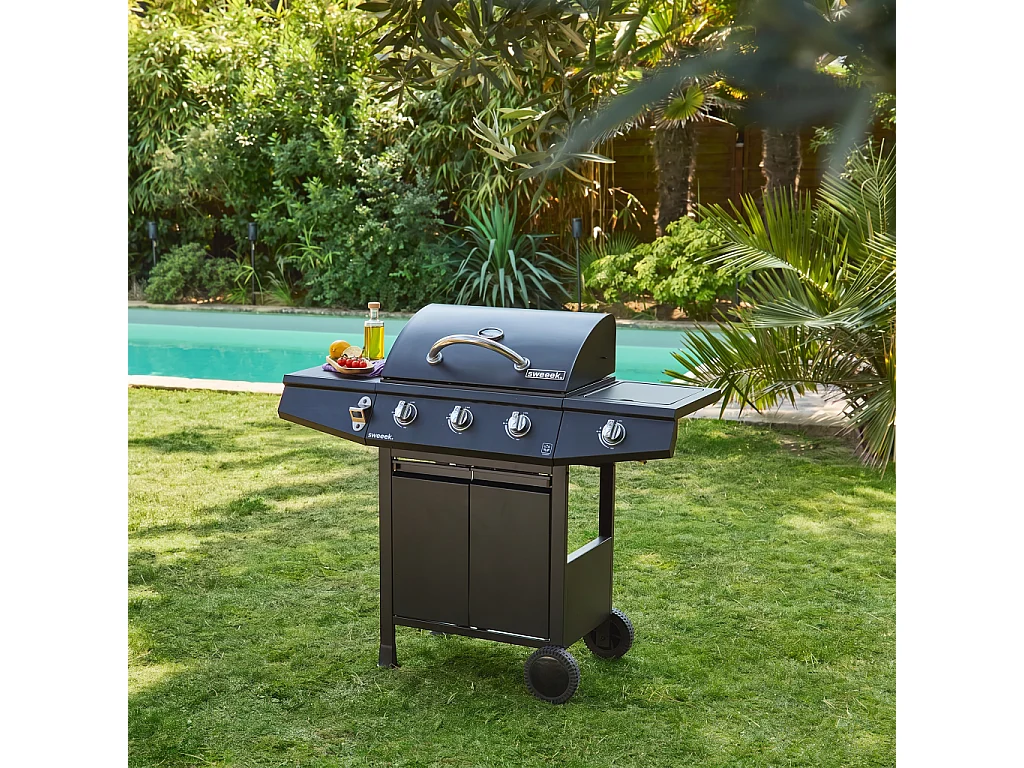 Barbacoa de gas de 3 quemadores con 1 quemador lateral, Negro