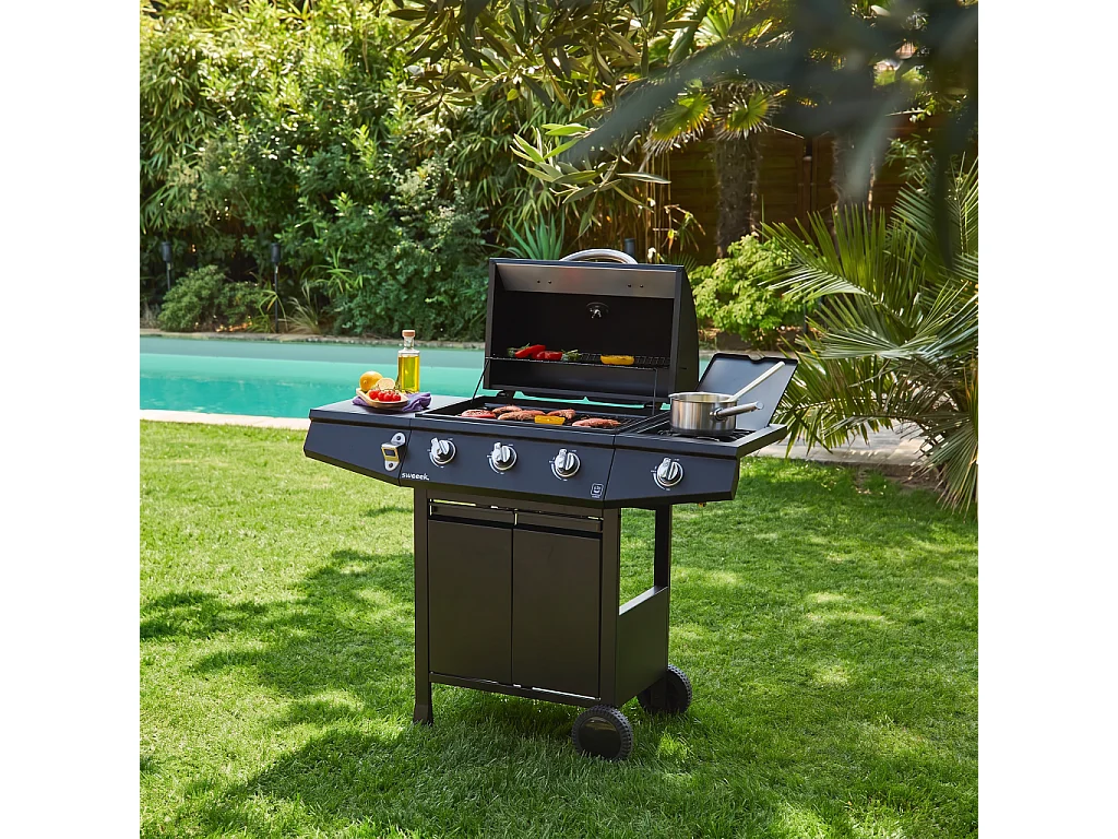 Barbacoa de gas de 3 quemadores con 1 quemador lateral, Negro