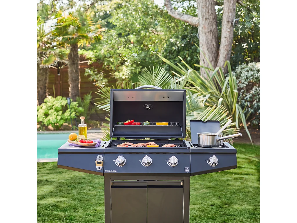 Barbacoa de gas de 3 quemadores con 1 quemador lateral, Negro