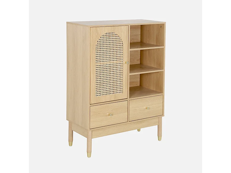 Aparador con decoración de madera y mimbre 1 puerta, 75cm natural