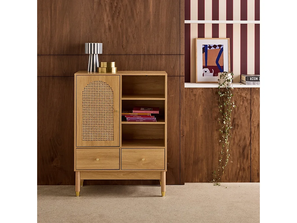 Buffet décor bois et cannage 1 porte 2 tiroirs teinte naturelle - 75 x 35 x 100 cm - Judith