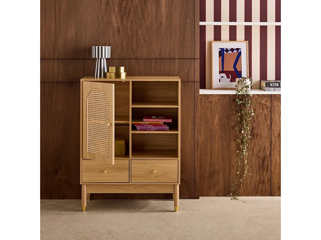 Buffet décor bois et cannage 1 porte 2 tiroirs teinte naturelle - 75 x 35 x 100 cm - Judith