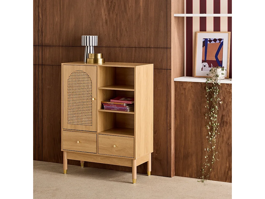 Buffet décor bois et cannage 1 porte 2 tiroirs teinte naturelle - 75 x 35 x 100 cm - Judith