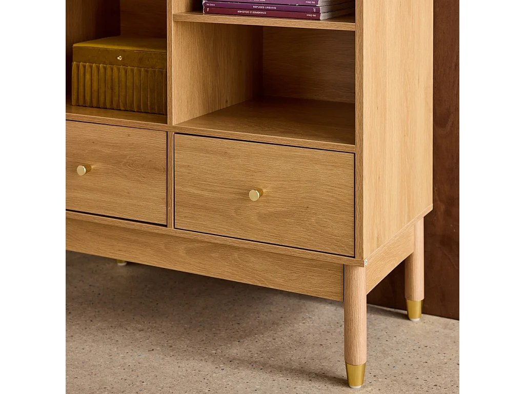 Buffet décor bois et cannage 1 porte 2 tiroirs teinte naturelle - 75 x 35 x 100 cm - Judith