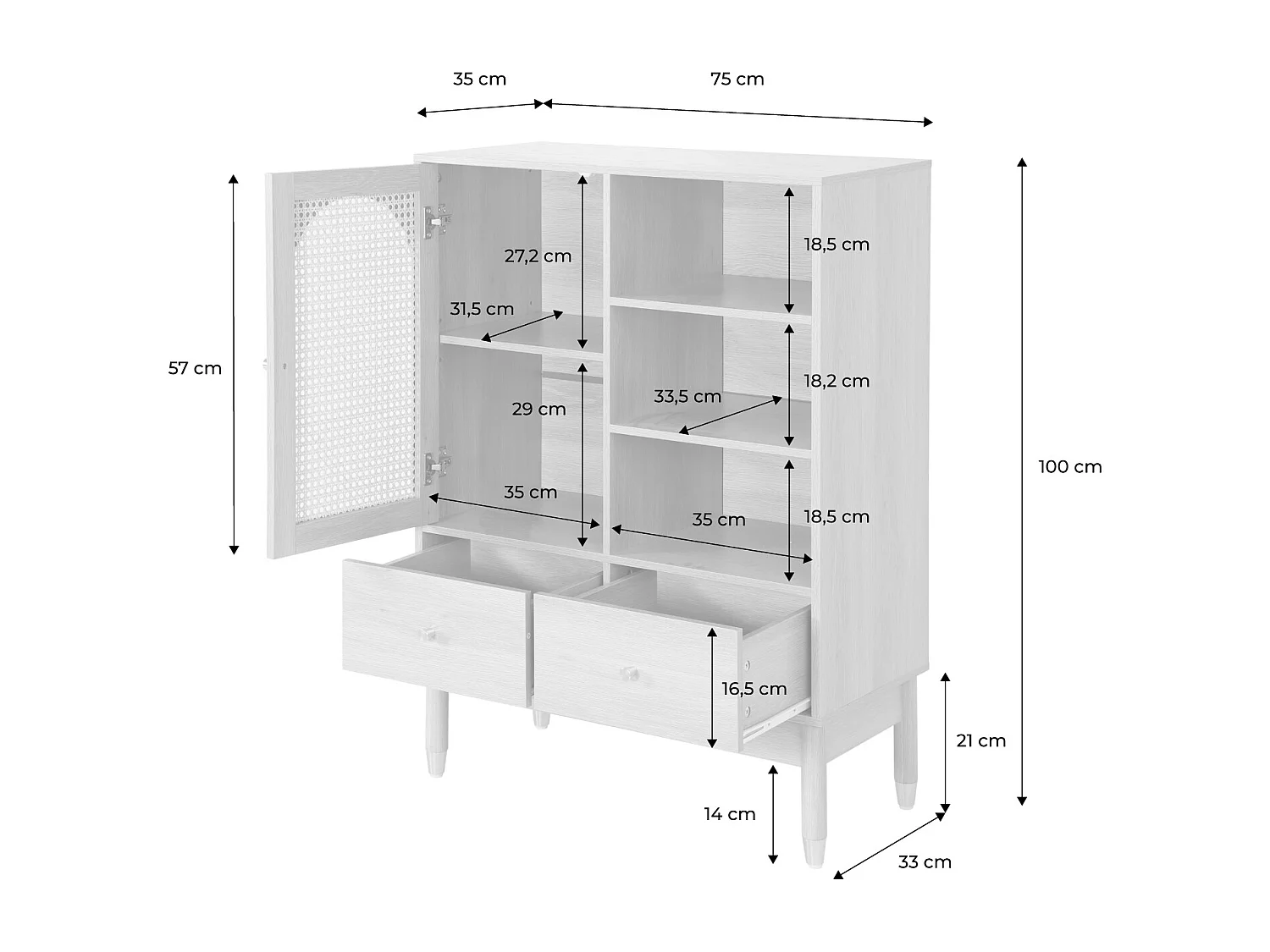 Buffet décor bois et cannage 1 porte 2 tiroirs teinte naturelle - 75 x 35 x 100 cm - Judith