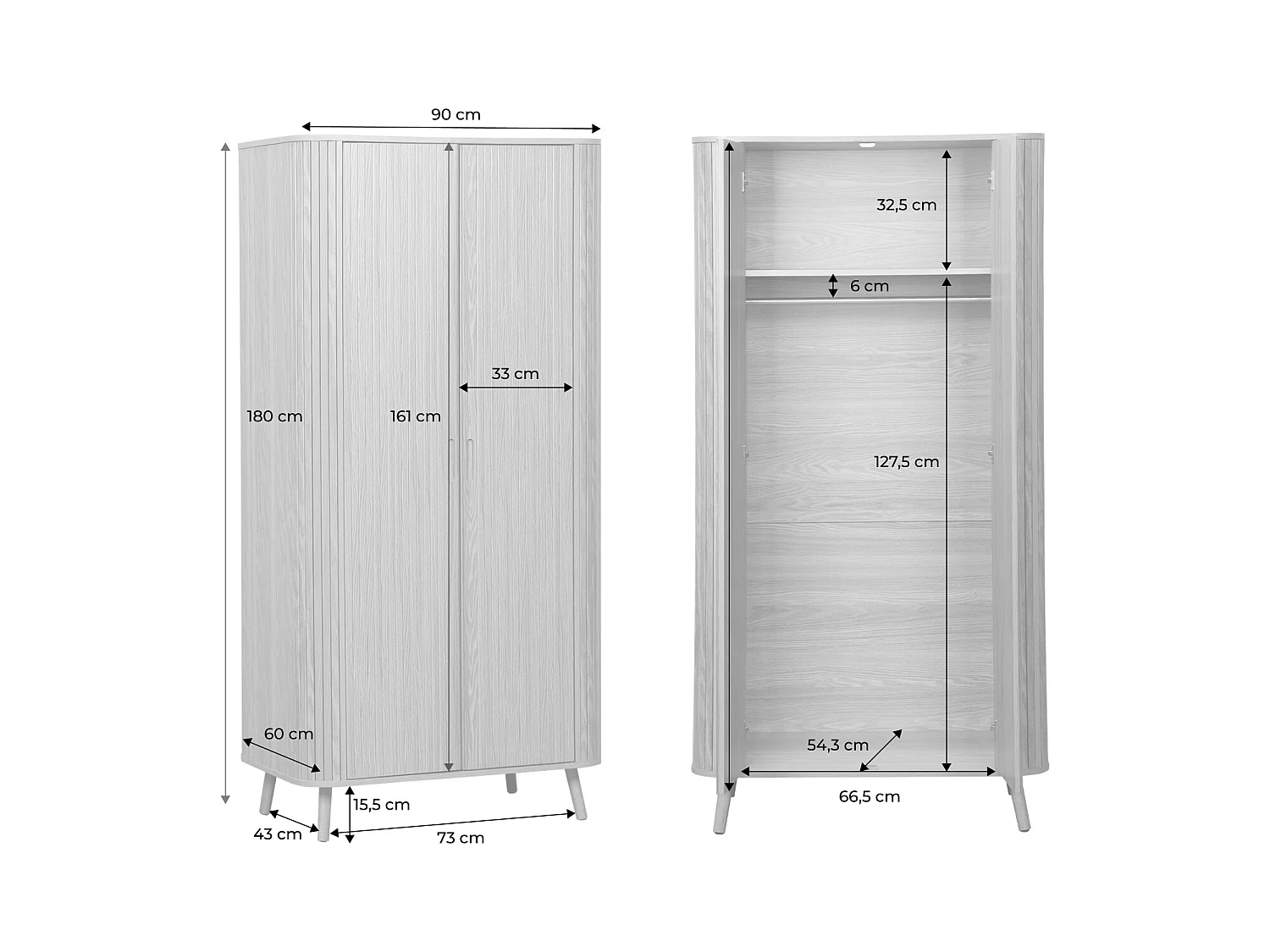 Armoire 2 portes décor bois rainuré avec étagère et penderie. L 90 x P 60 x H 180cm