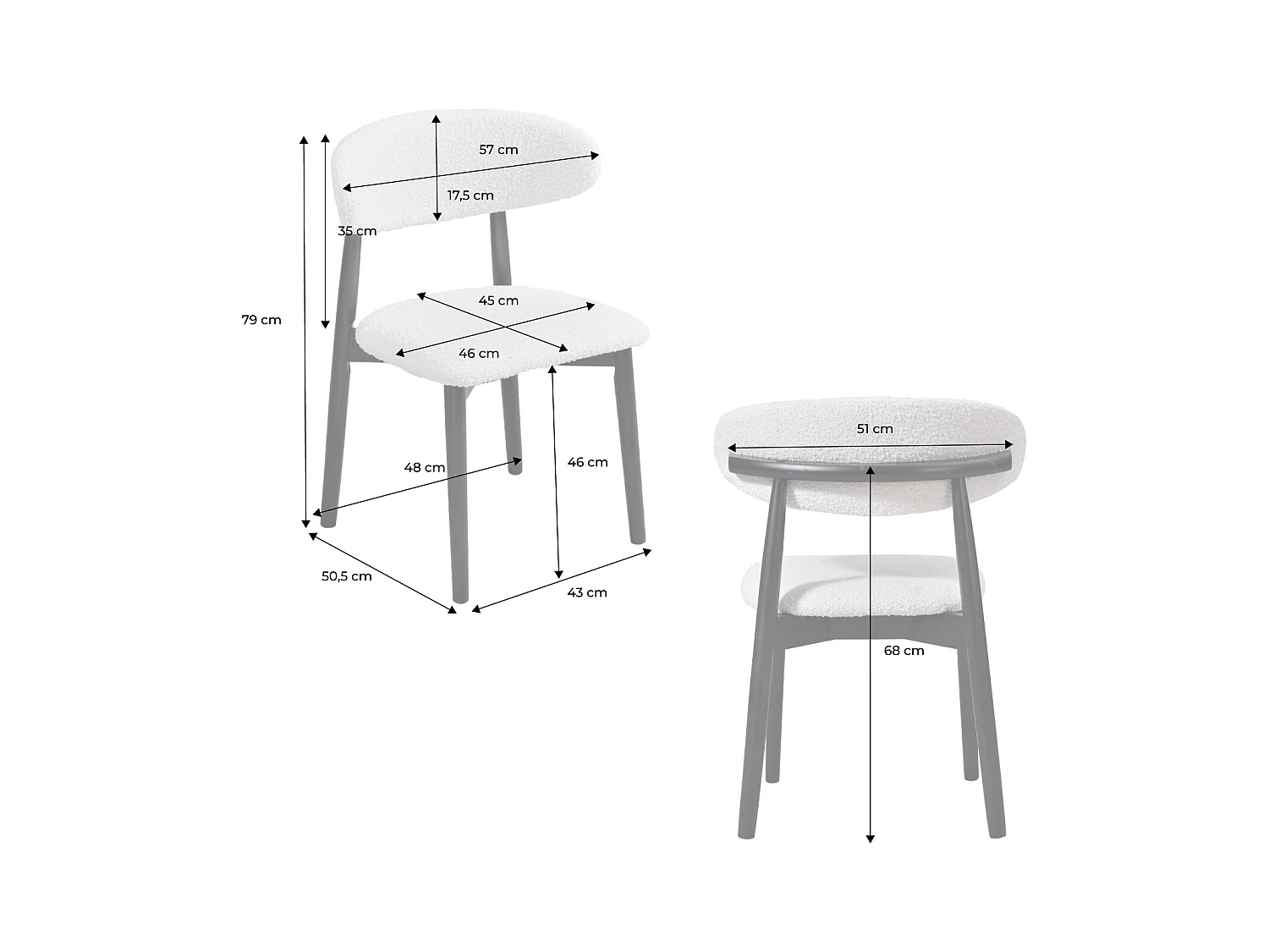 Lot de 2 chaises en bois d'hévéa noir et tissu bouclette blanc crème