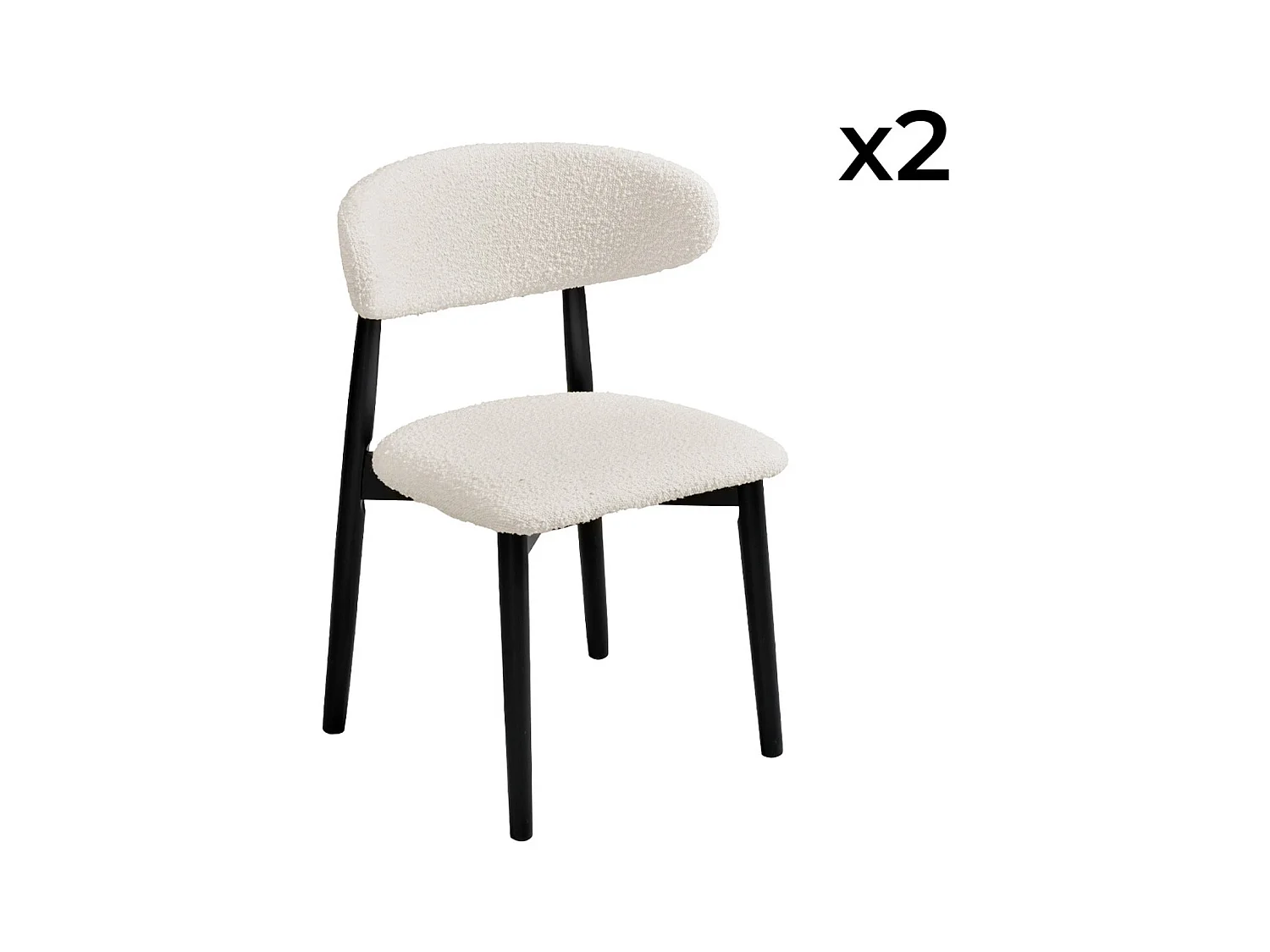 Lot de 2 chaises en bois d'hévéa noir et tissu bouclette blanc crème