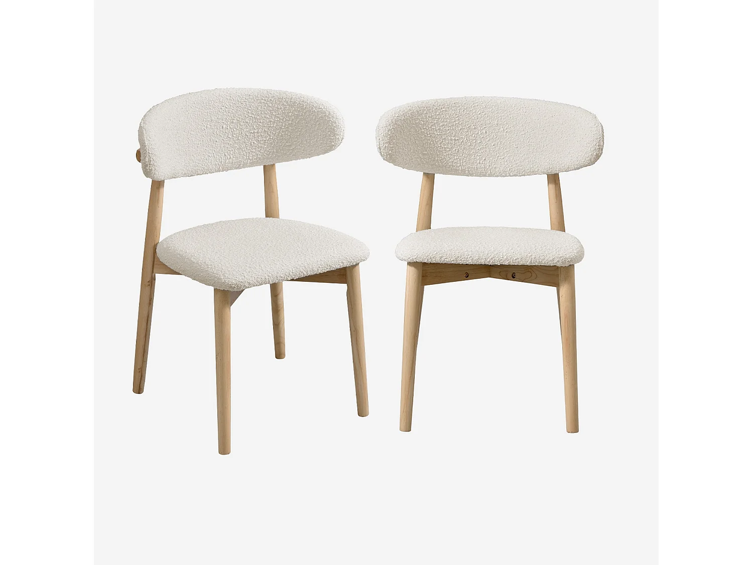 Lot de 2 chaises en bois d'hévéa naturel et tissu bouclette blanc crème