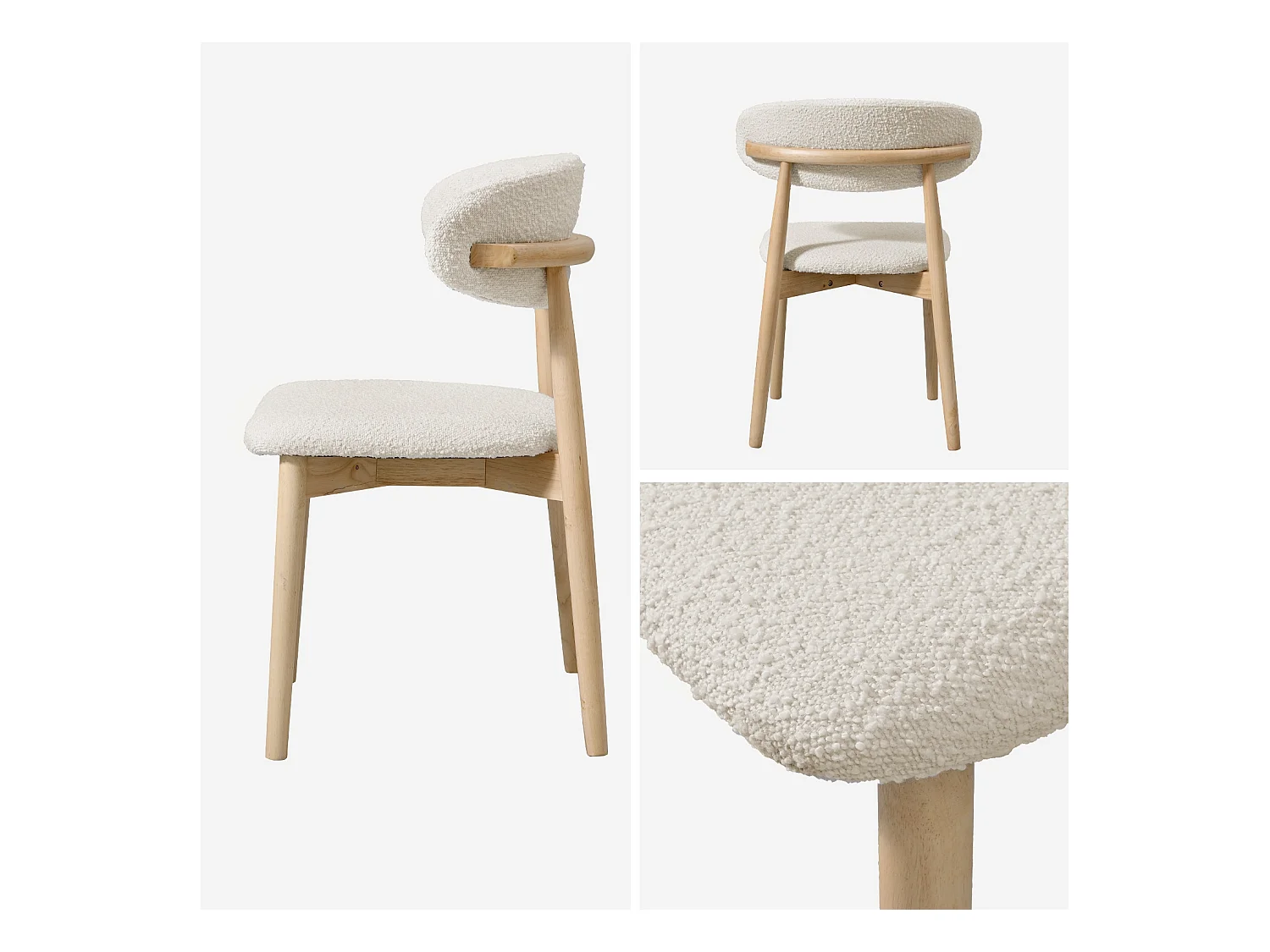 Lot de 2 chaises en bois d'hévéa naturel et tissu bouclette blanc crème