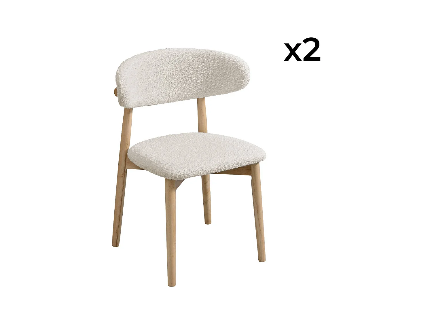 Lot de 2 chaises en bois d'hévéa naturel et tissu bouclette blanc crème