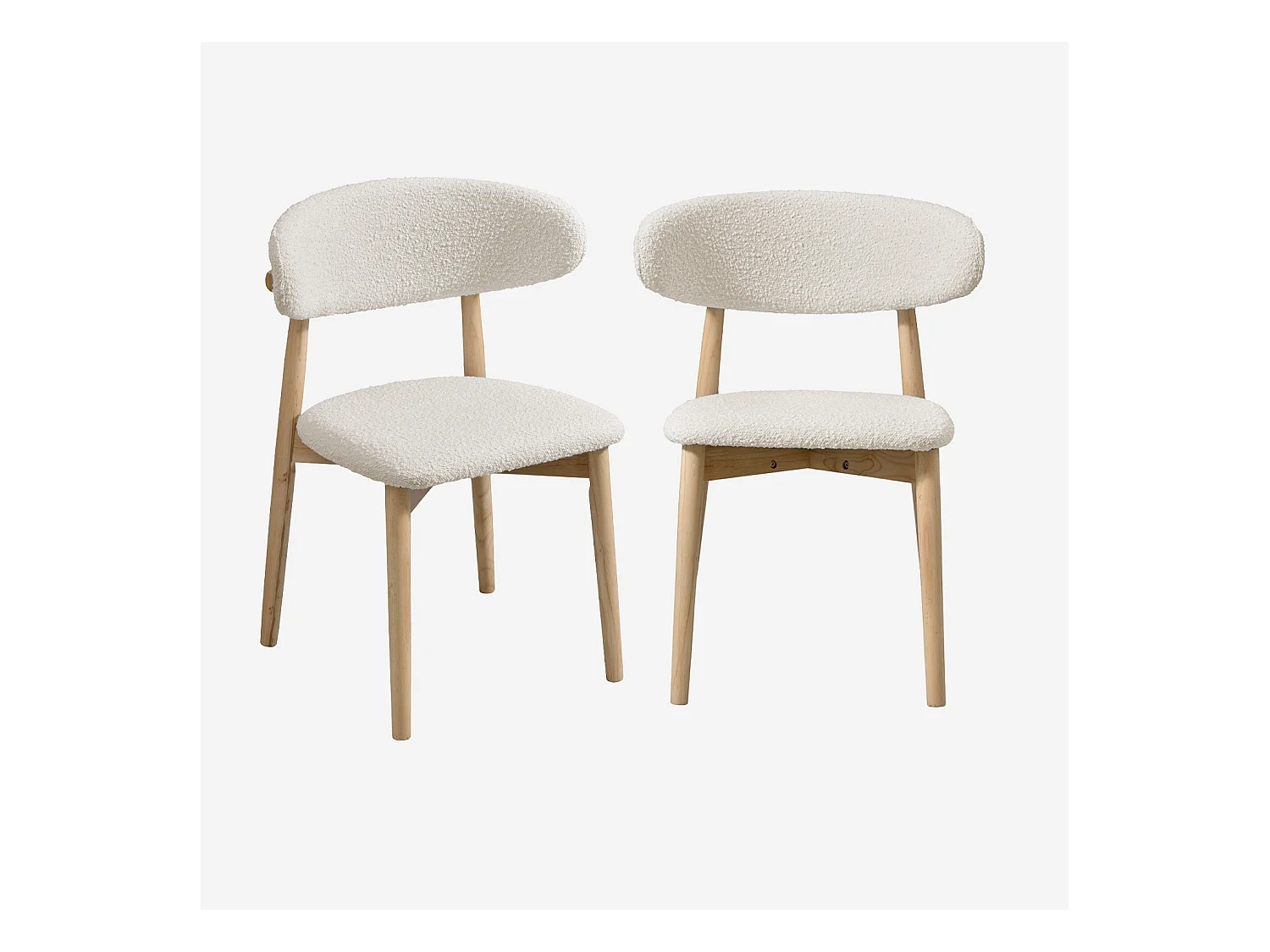 Lot de 2 chaises en bois d'hévéa naturel et tissu bouclette blanc crème