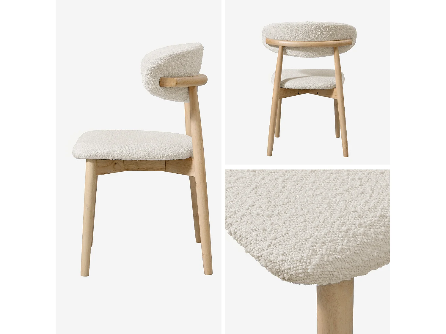 Set di 2 sedie in legno di hevea e tessuto bouclé, marrone naturale