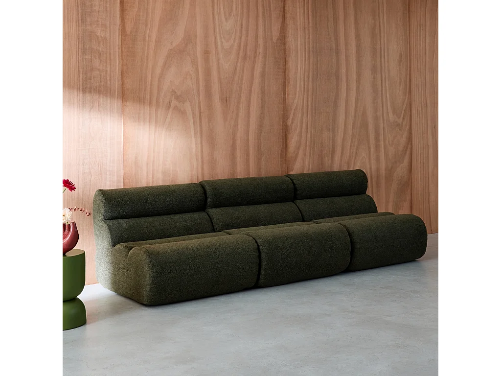 Divano modulare bouclé, 3 posti, verde kaki