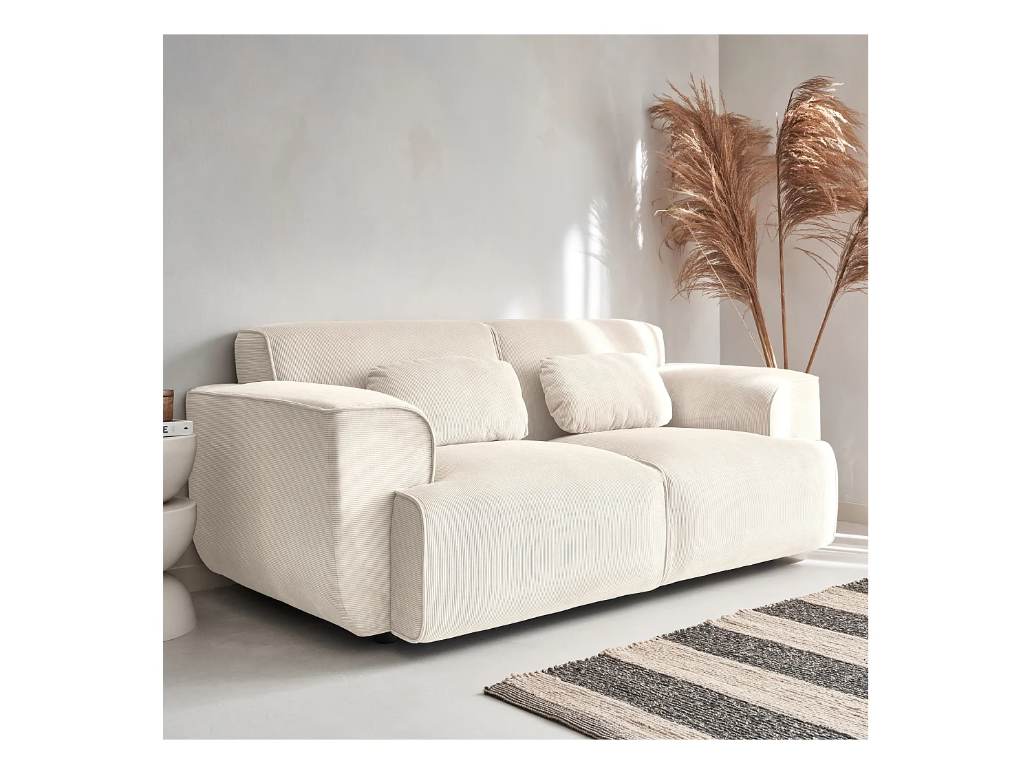 Divano a 2 posti in velluto a coste fino, crema