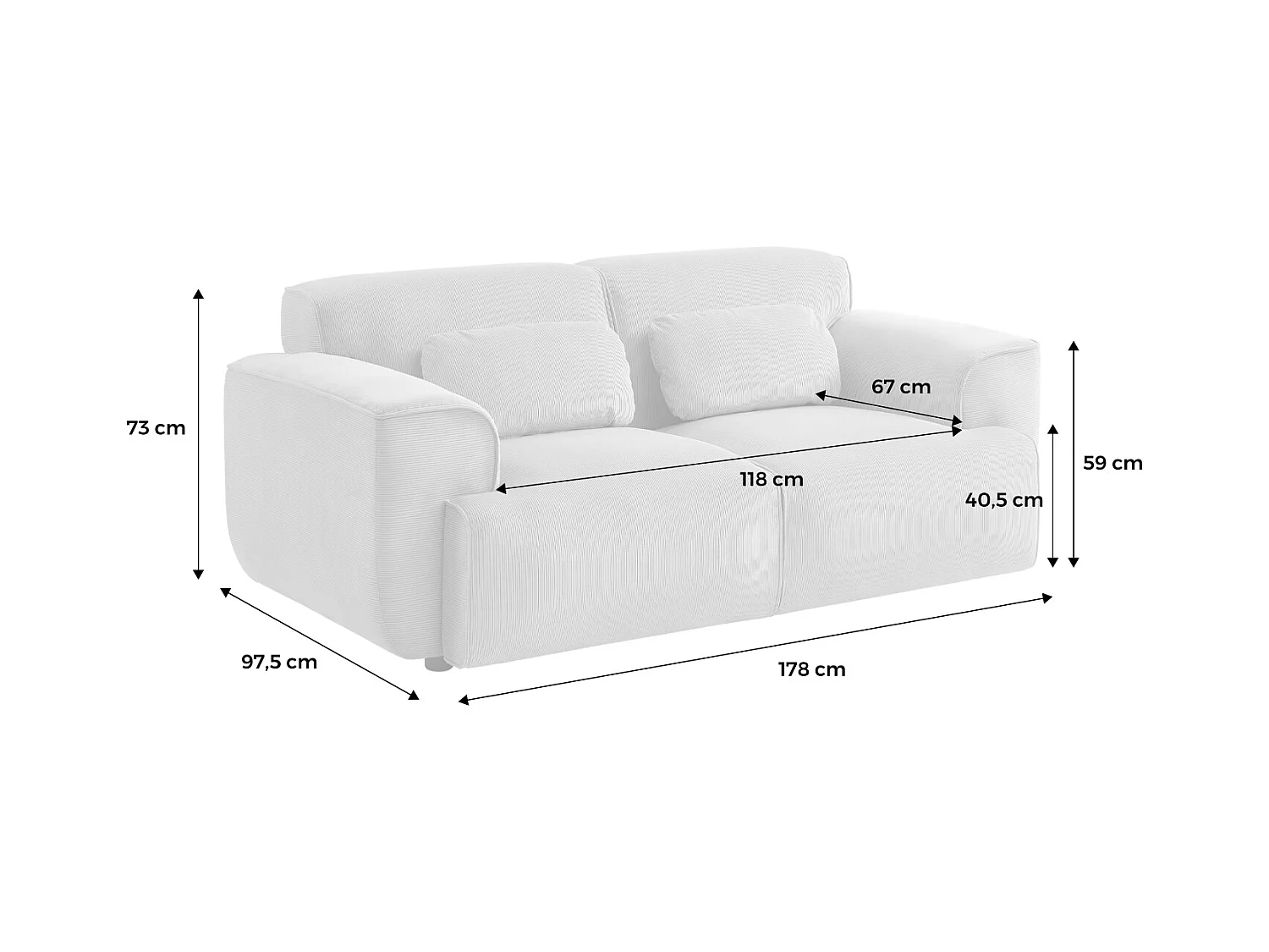 Divano a 2 posti in velluto a coste fino, crema