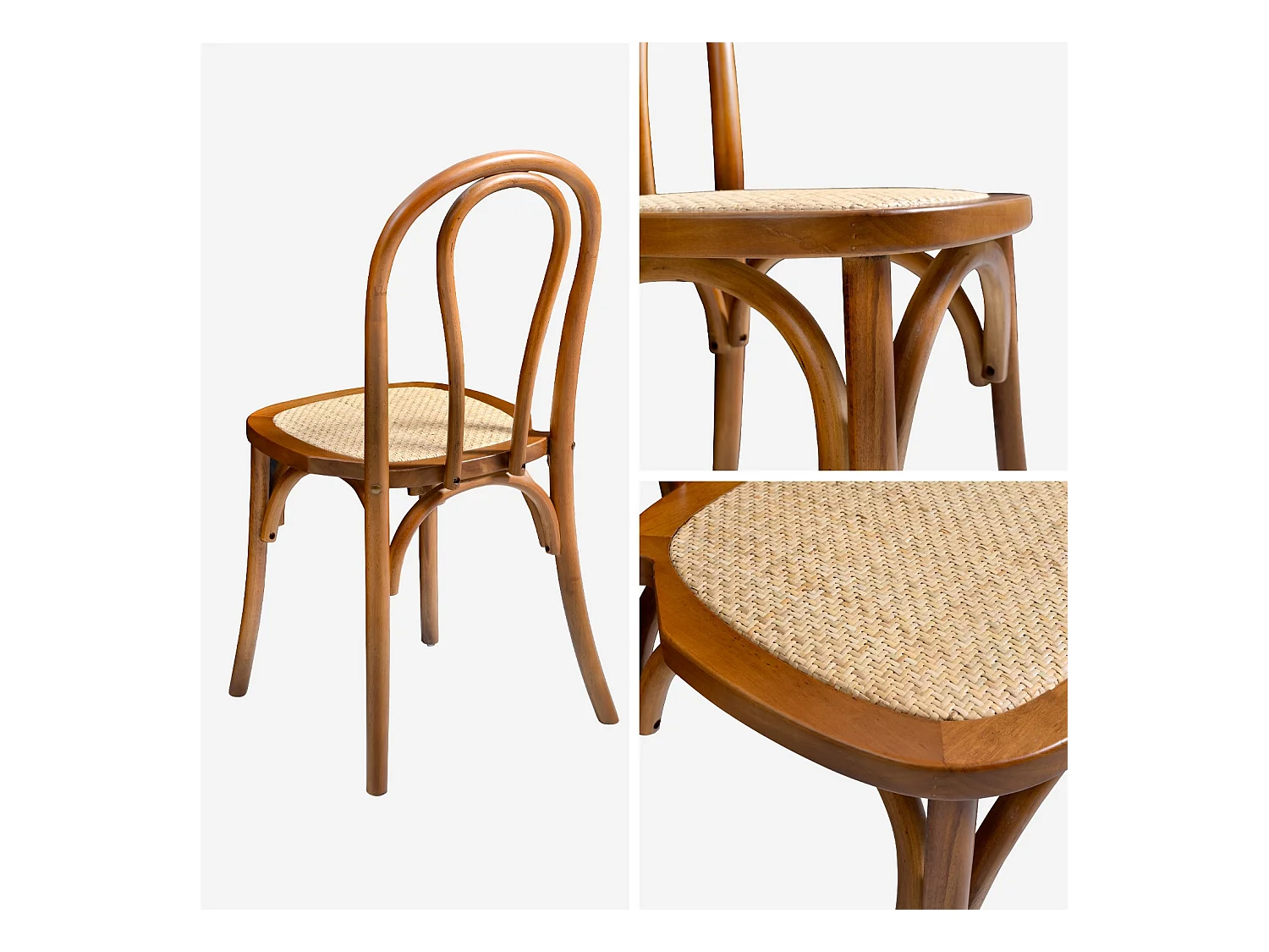 Lot de deux chaises vintage en bois avec assise en rotin et dossier arrondi coloris noyer