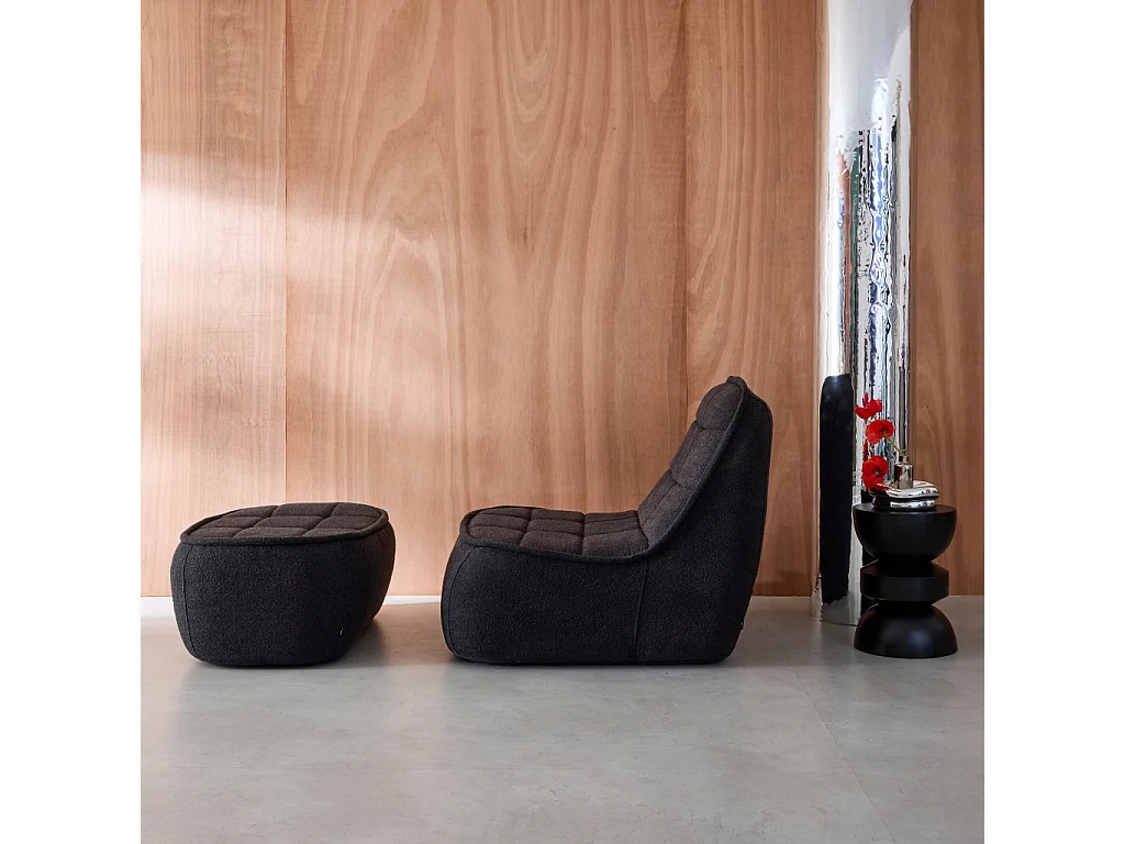 Chauffeuse bouclette texturée 1 place + repose pieds noir L 93 x P 104 x H 85cm - Boni