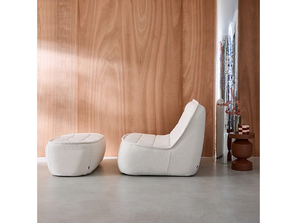 Chauffeuse bouclette texturée 1 place + repose pieds blanc cassé L 93 x P 104 x H 85cm - Boni