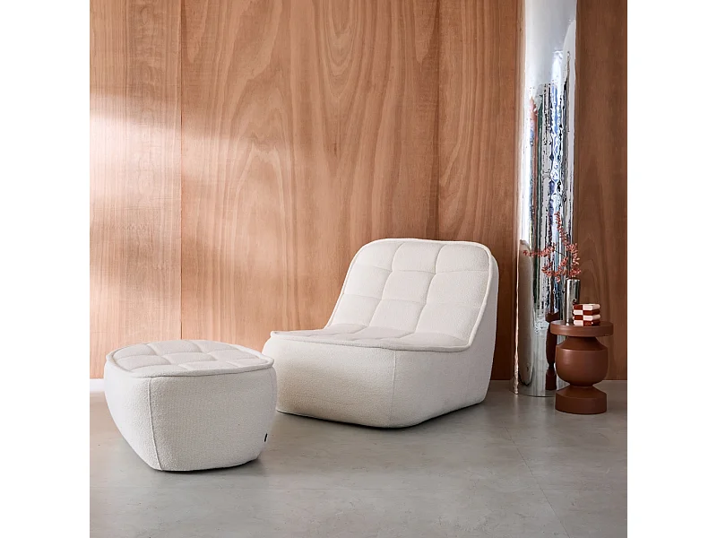 Chauffeuse bouclette texturée 1 place + repose pieds blanc cassé L 93 x P 104 x H 85cm - Boni