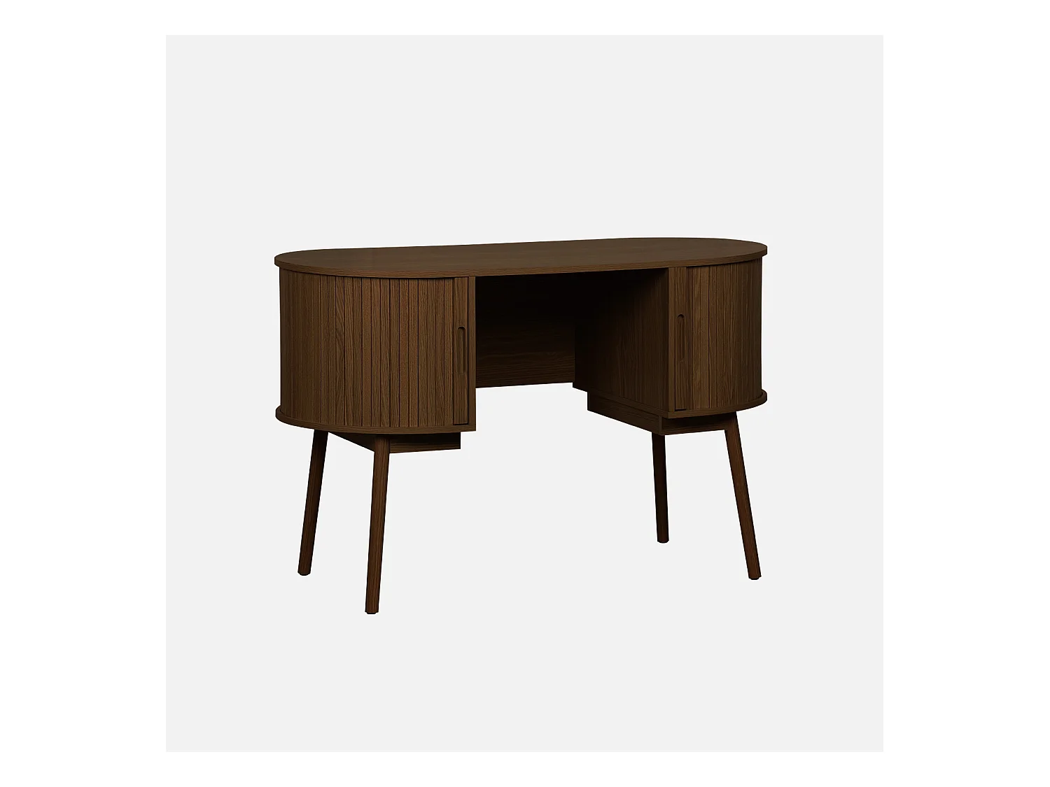 Bureau ovale décor bois rainuré avec deux espaces de rangement. L 120 x P 55 x H 77 cm