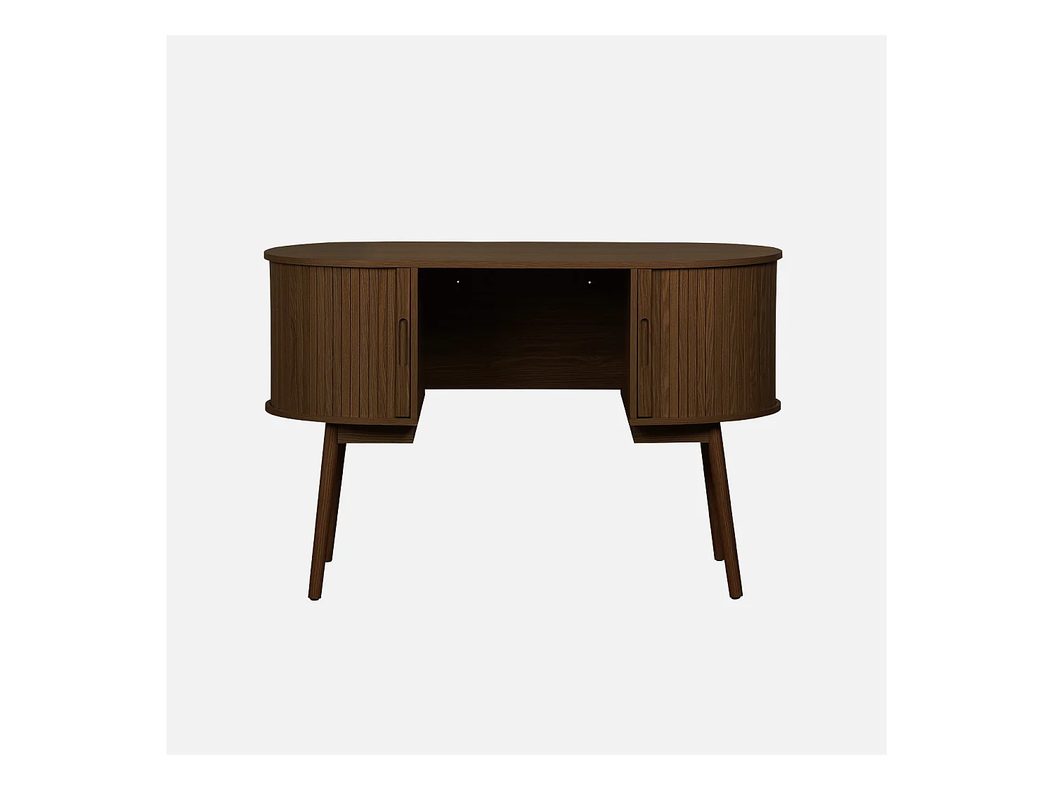 Bureau ovale décor bois rainuré avec deux espaces de rangement. L 120 x P 55 x H 77 cm