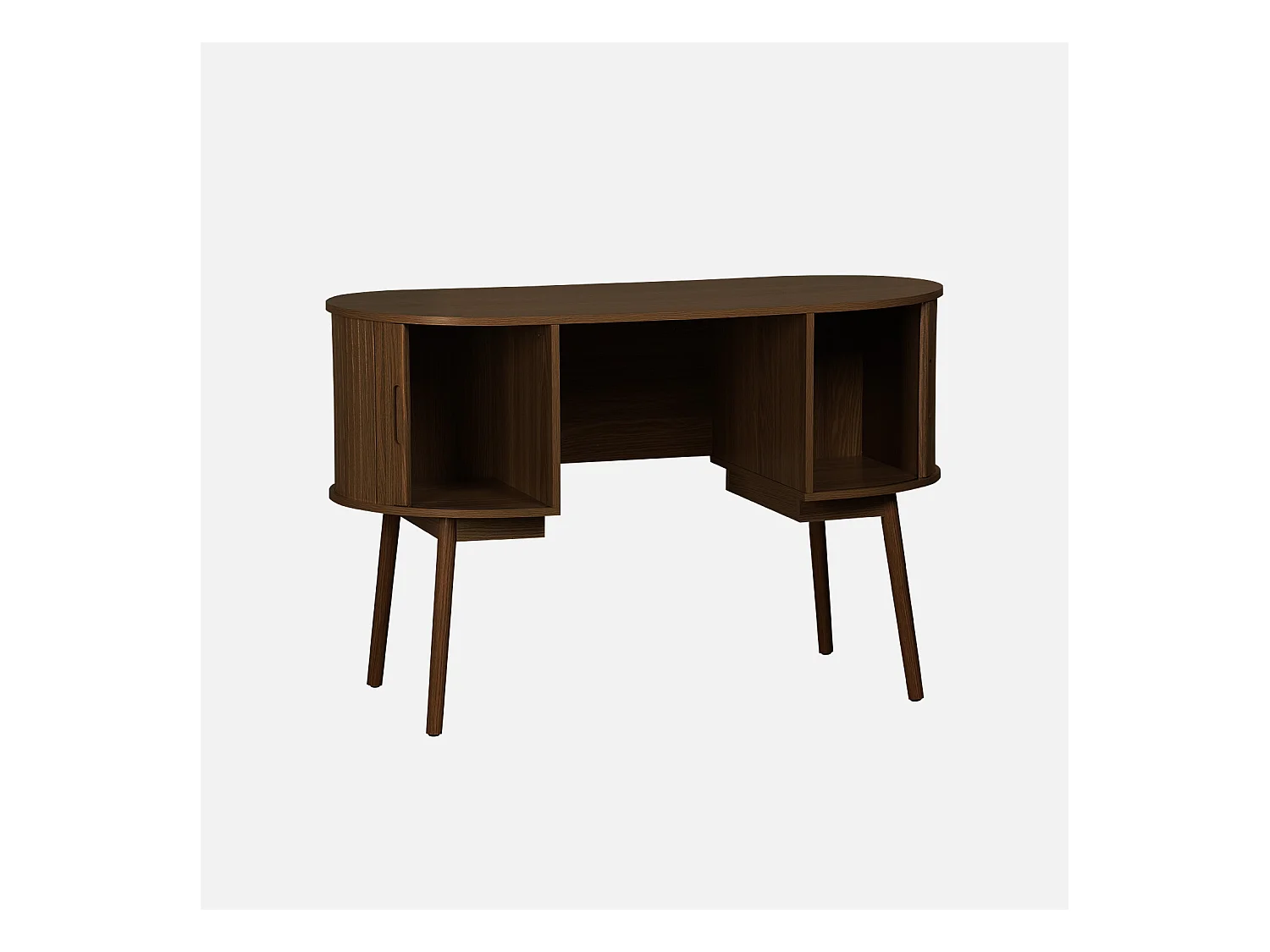 Bureau ovale décor bois rainuré avec deux espaces de rangement. L 120 x P 55 x H 77 cm