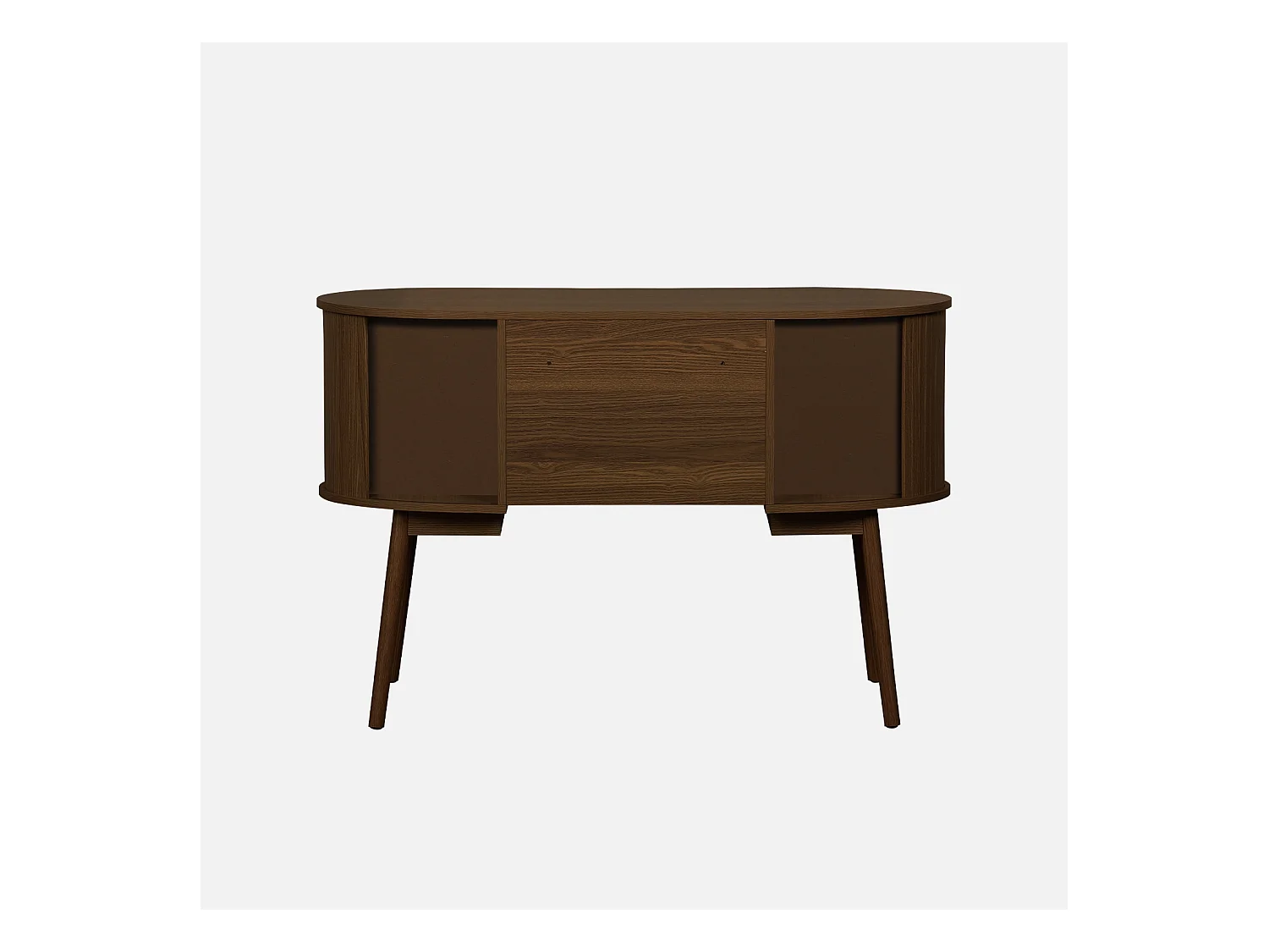 Bureau ovale décor bois rainuré avec deux espaces de rangement. L 120 x P 55 x H 77 cm