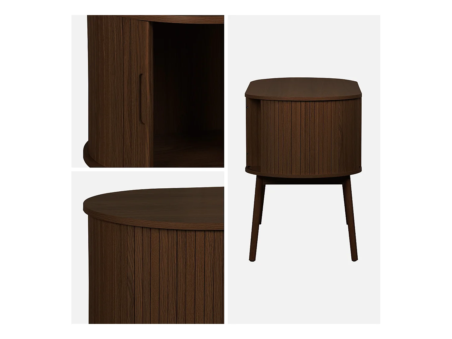 Bureau ovale décor bois rainuré avec deux espaces de rangement. L 120 x P 55 x H 77 cm