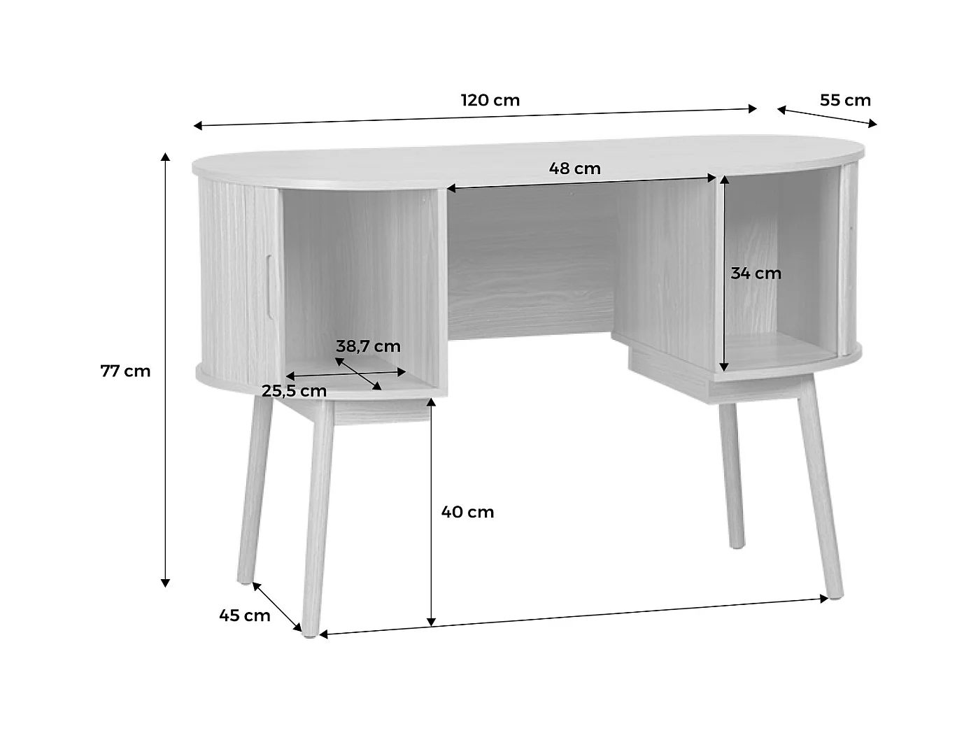 Bureau ovale décor bois rainuré avec deux espaces de rangement. L 120 x P 55 x H 77 cm