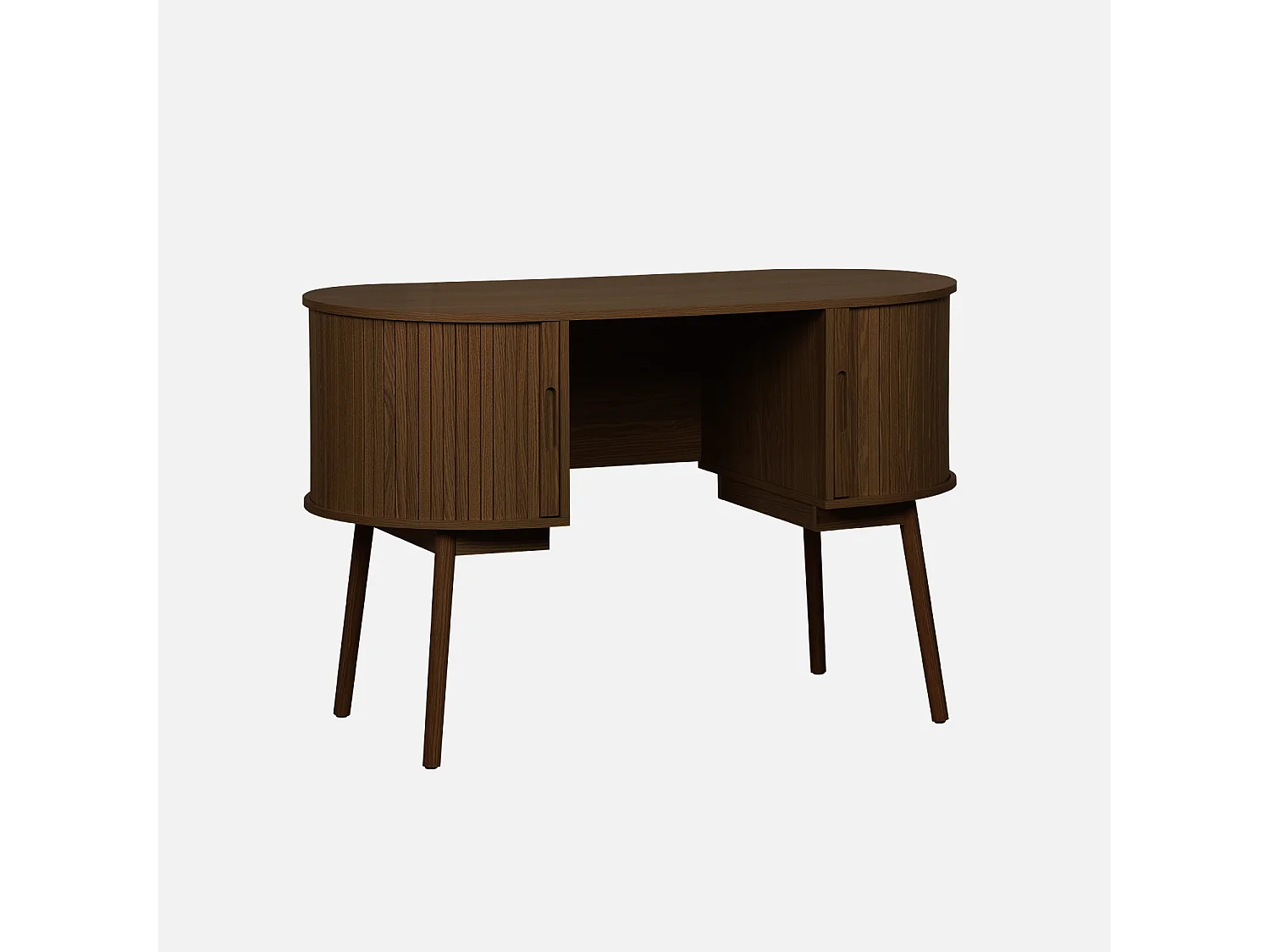 Bureau ovale décor bois rainuré avec deux espaces de rangement. L 120 x P 55 x H 77 cm