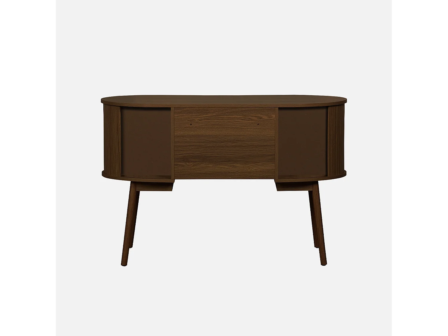 Bureau ovale décor bois rainuré avec deux espaces de rangement. L 120 x P 55 x H 77 cm
