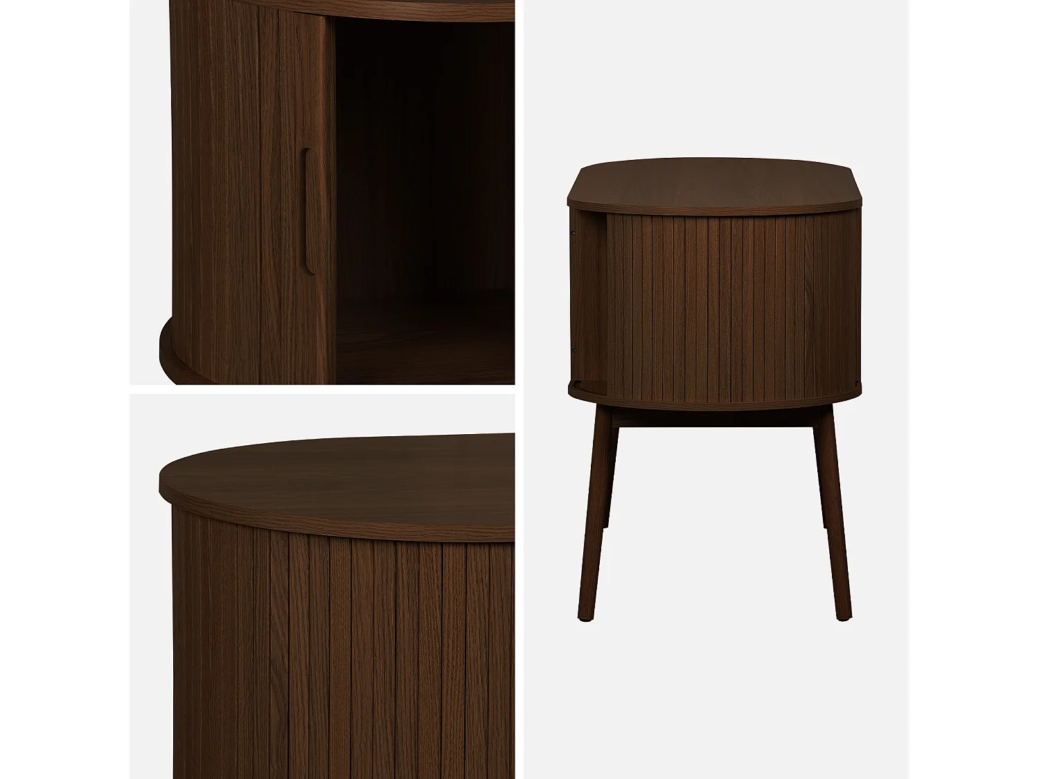 Bureau ovale décor bois rainuré avec deux espaces de rangement. L 120 x P 55 x H 77 cm