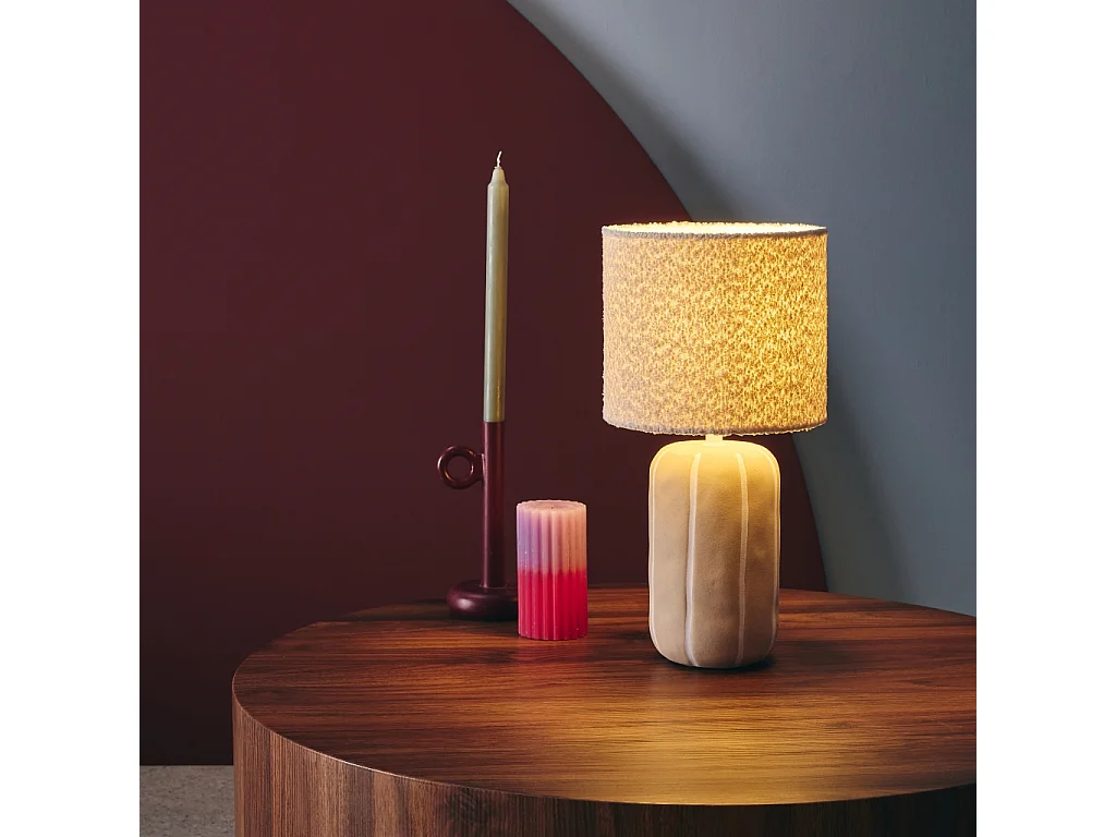 Lámpara de mesa interior de cerámica, pantalla borreguito gris beige