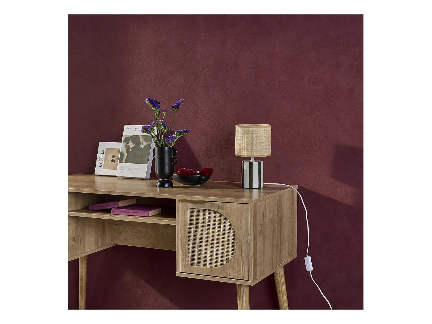 Lampada da tavolo interno ceramica paralume effetto rattan, 28cm,