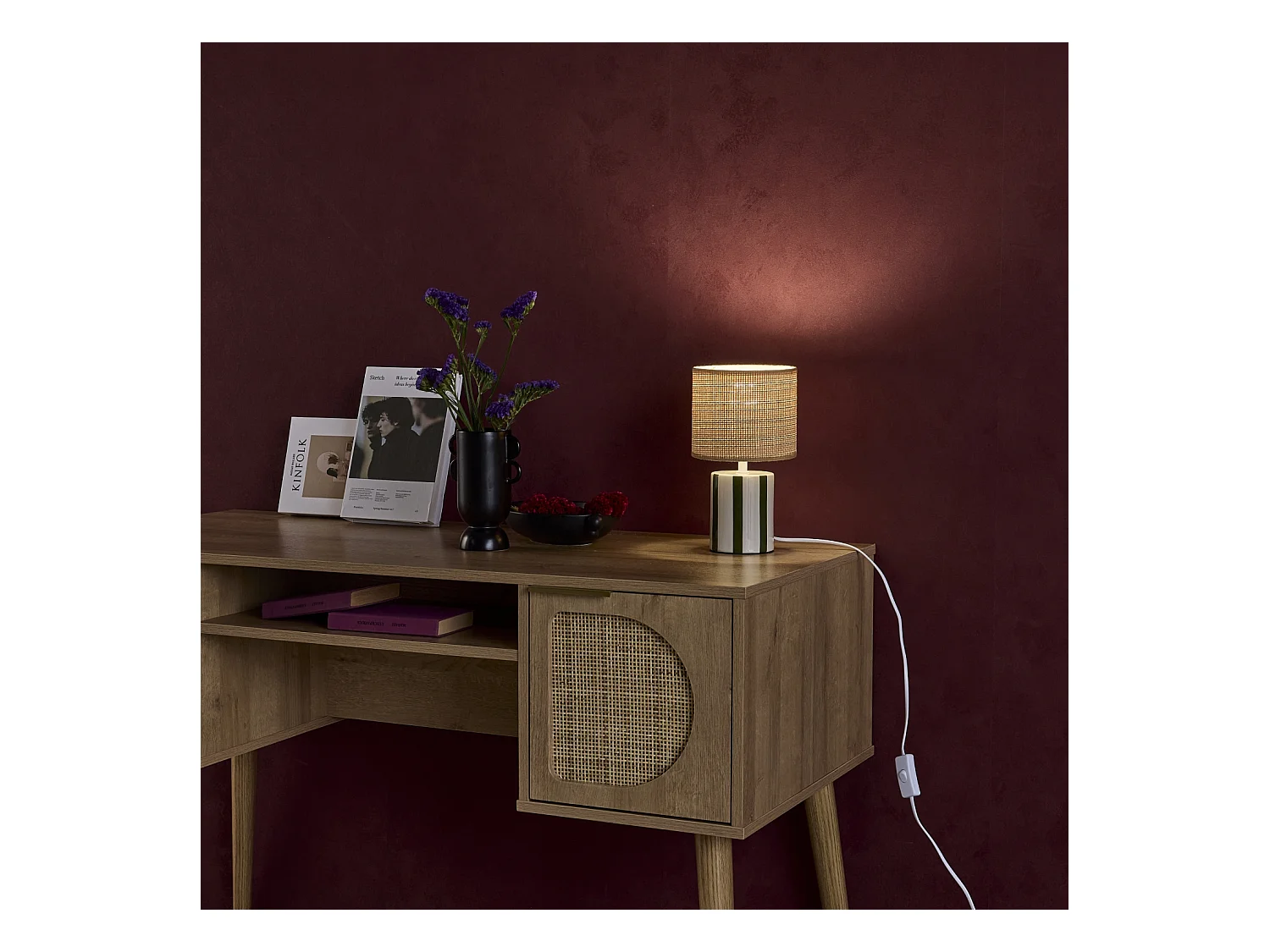 Lampada da tavolo interno ceramica paralume effetto rattan, 28cm,