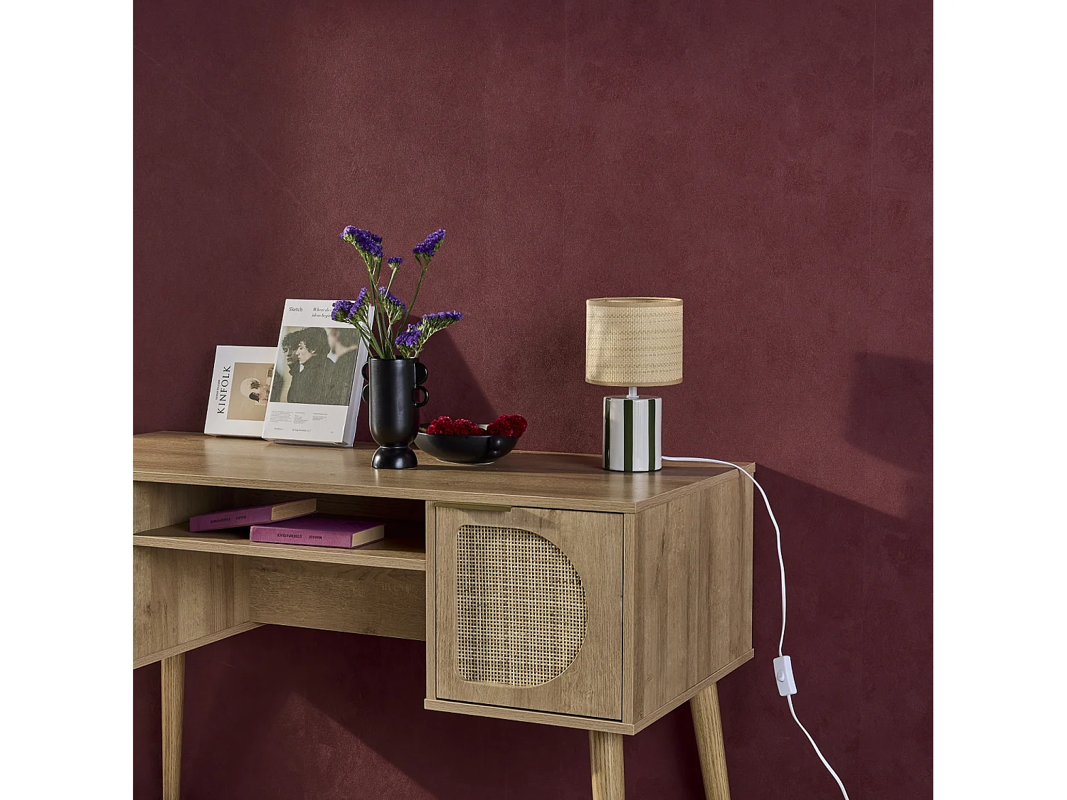 Lámpara de mesa interior cerámica pantalla de efecto de mimbre verde