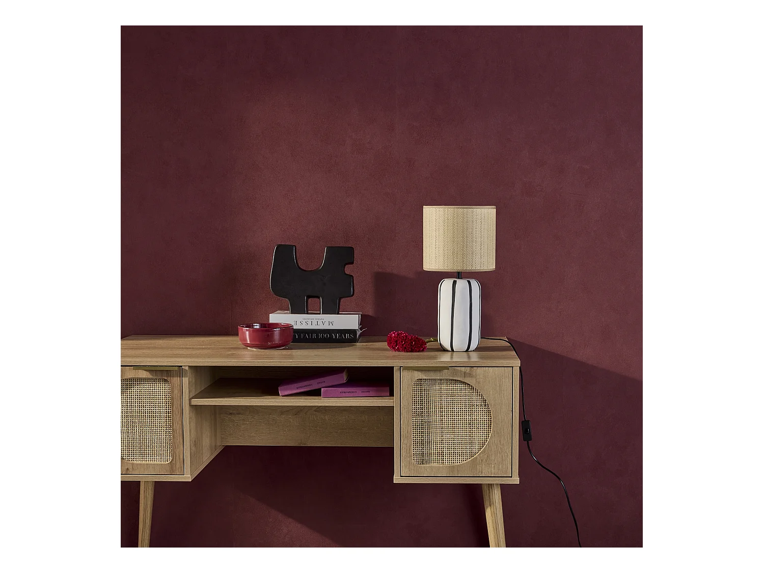 Lámpara de mesa interior cerámica pantalla efecto ratán verde