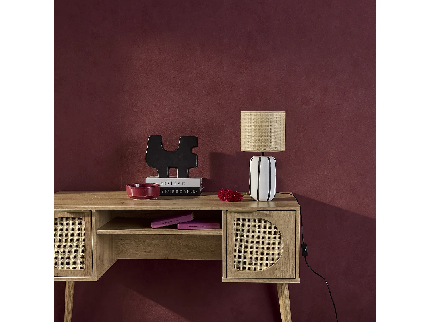 Lámpara de mesa interior cerámica pantalla efecto ratán verde