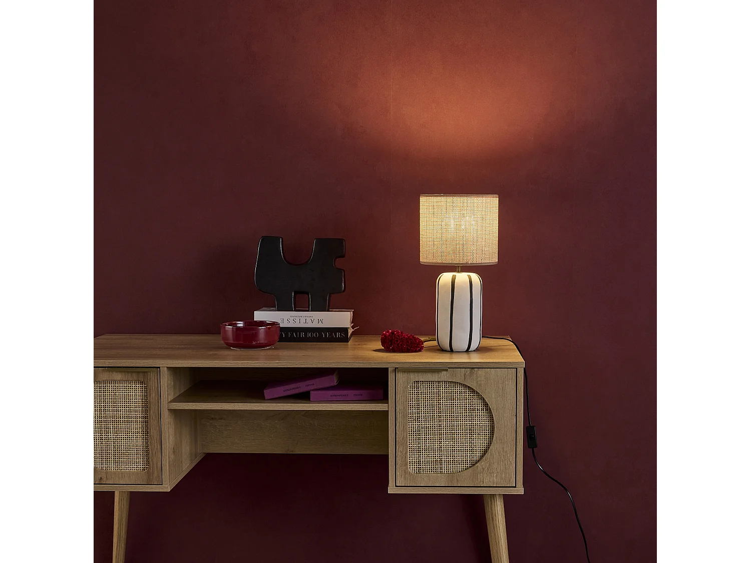 Lámpara de mesa interior cerámica pantalla efecto ratán verde