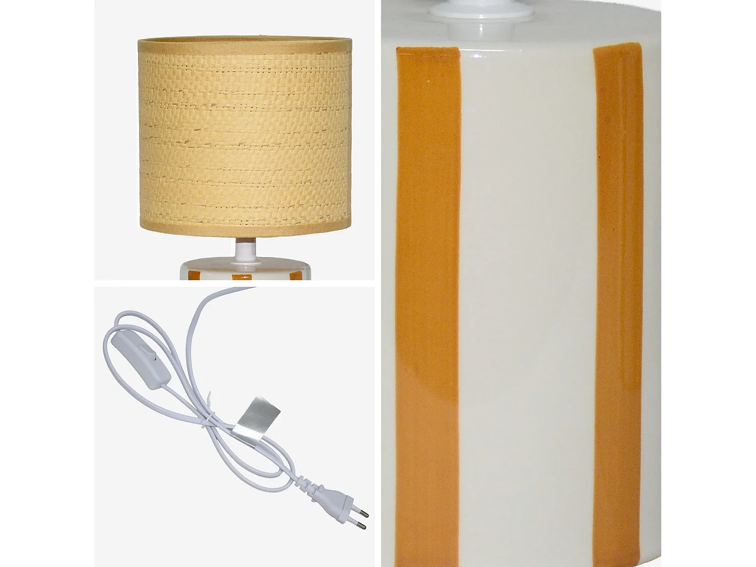 Lámpara de mesa interior cerámica pantalla de efecto de mimbre mostaza