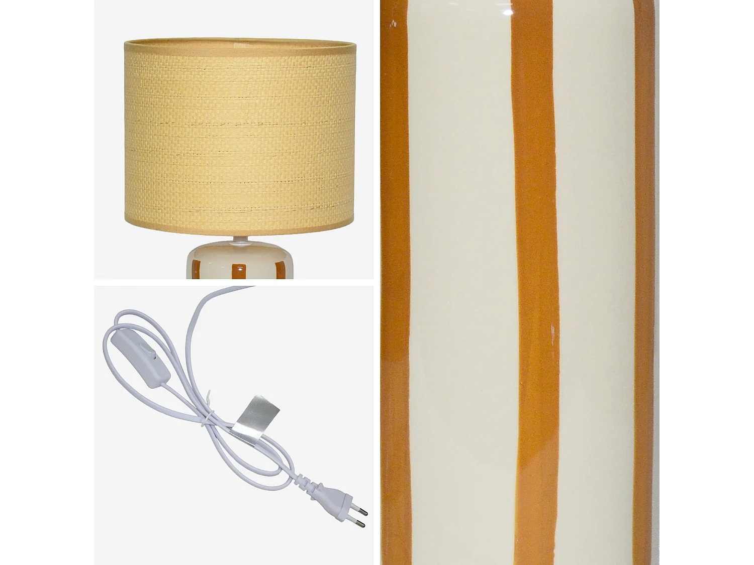 Lámpara de mesa interior cerámica pantalla efecto ratán mostaza