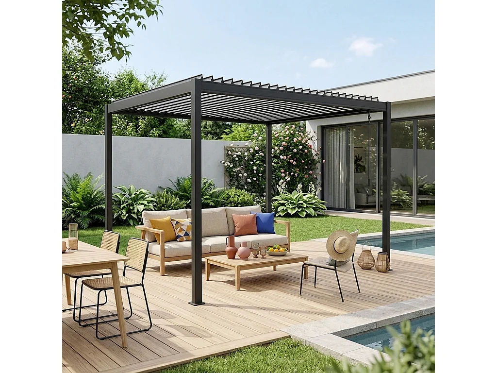 Pergola bioclimatica 3x3m in alluminio e acciaio con lamelle orientabili, Flash 3x3, Antracite,