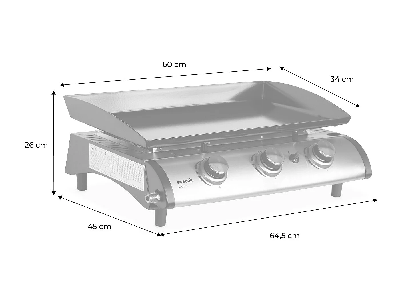Plancha de gas con 3 quemadores de acero inoxidable, 7.5kw negro
