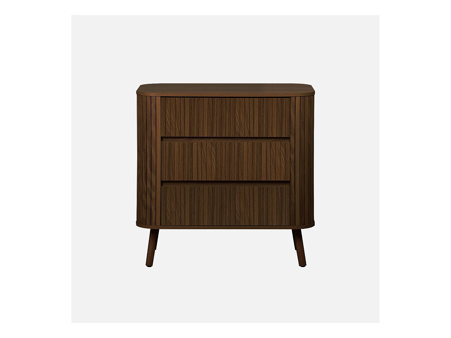 Commode 3 tiroirs. décor strié noyer. L 80x P 45  H 80cm