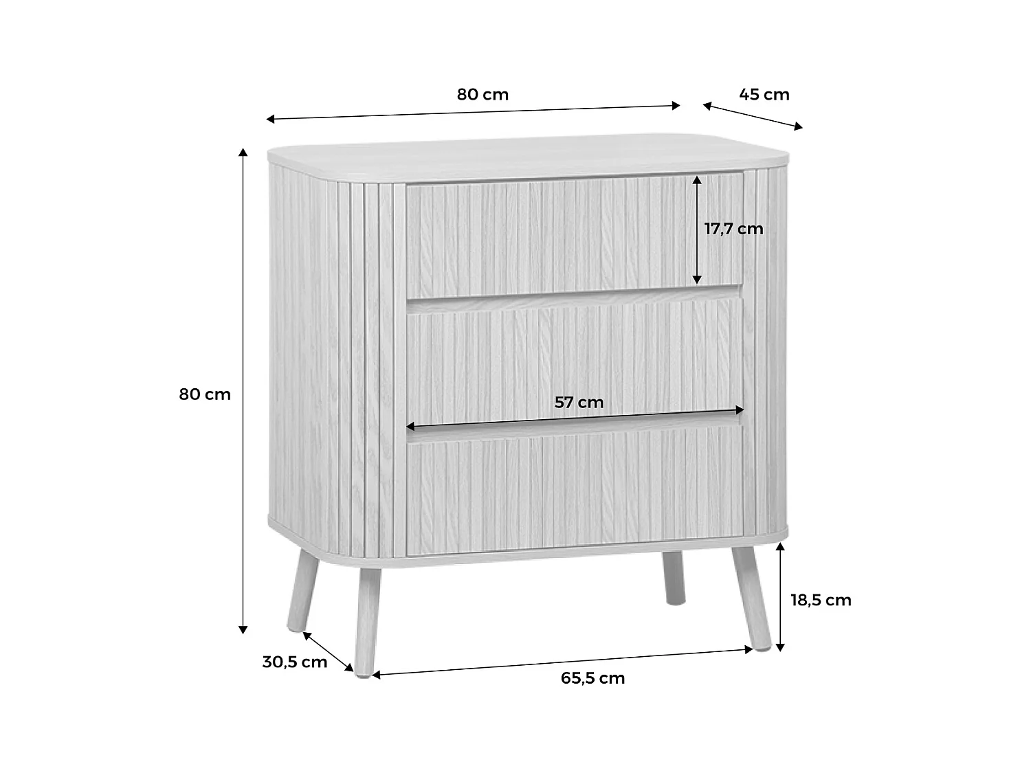 Commode 3 tiroirs. décor strié noyer. L 80x P 45  H 80cm