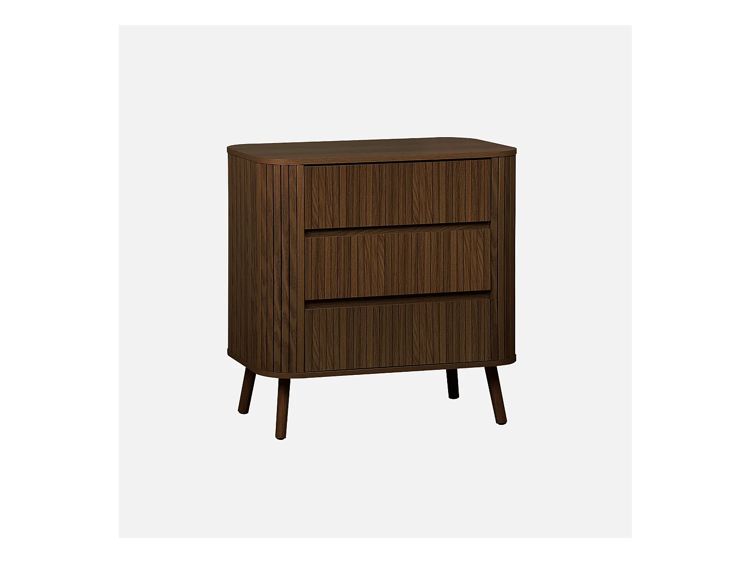 Commode 3 tiroirs. décor strié noyer. L 80x P 45  H 80cm