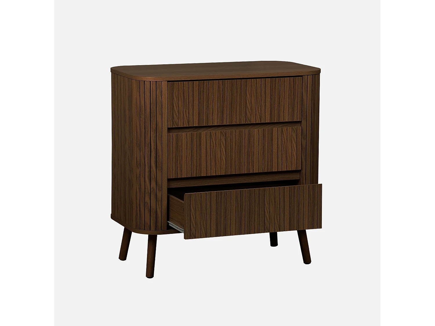 Commode 3 tiroirs. décor strié noyer. L 80x P 45  H 80cm